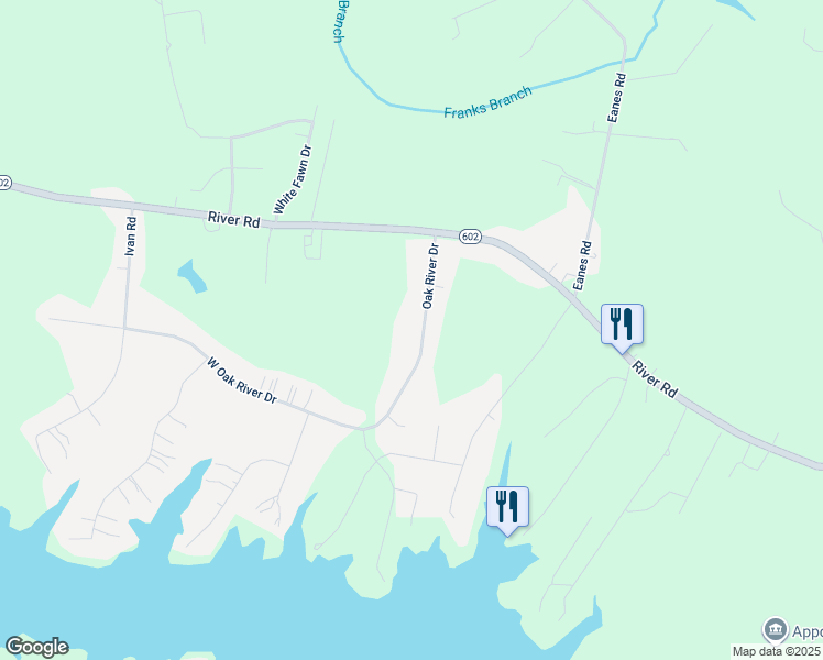 map of restaurants, bars, coffee shops, grocery stores, and more near 19930 Oak River Drive in Petersburg