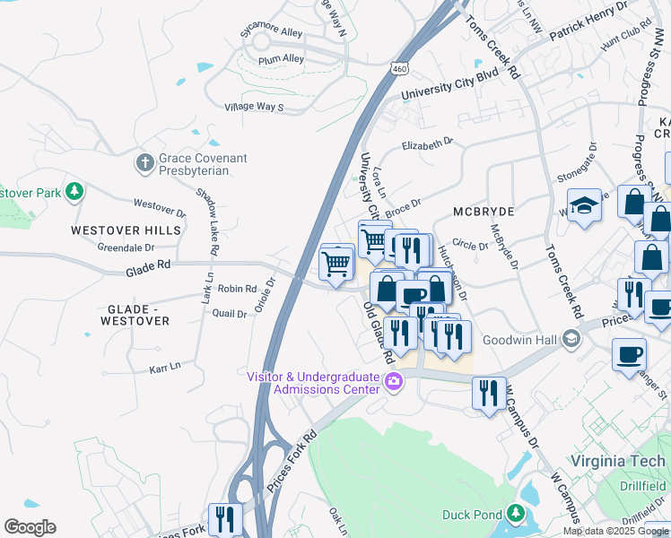 map of restaurants, bars, coffee shops, grocery stores, and more near 862 Newport Terrace in Blacksburg
