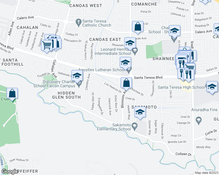 map of restaurants, bars, coffee shops, grocery stores, and more near 710 Los Huecos Drive in San Jose