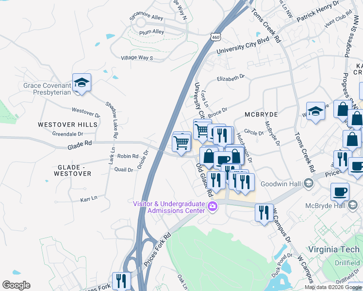 map of restaurants, bars, coffee shops, grocery stores, and more near 804 Claytor Square in Blacksburg