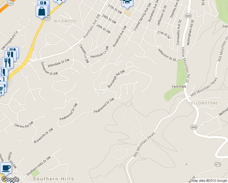 map of restaurants, bars, coffee shops, grocery stores, and more near W Ridge Road Southwest in Roanoke