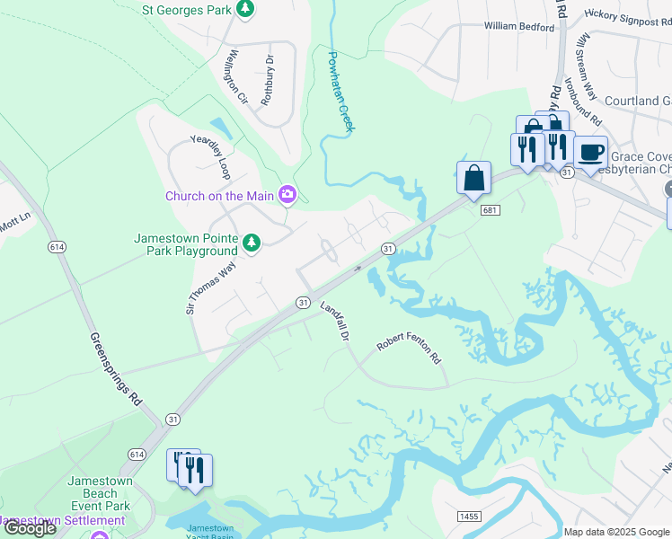 map of restaurants, bars, coffee shops, grocery stores, and more near 1006 London Company Way in Williamsburg