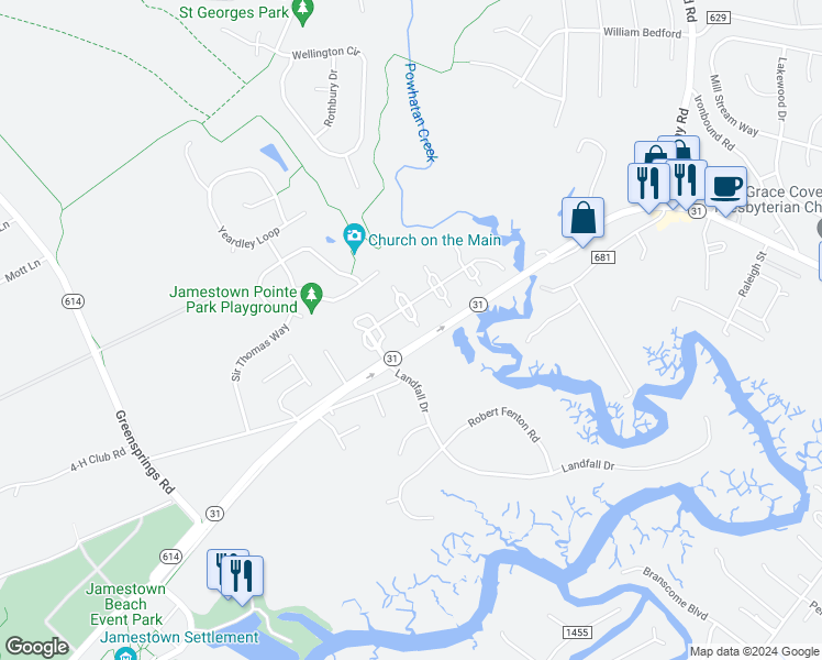 map of restaurants, bars, coffee shops, grocery stores, and more near 1005 London Company Way in Williamsburg