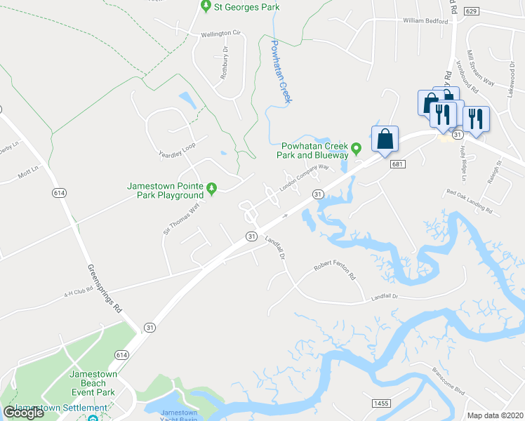 map of restaurants, bars, coffee shops, grocery stores, and more near 1102 London Company Way in Williamsburg