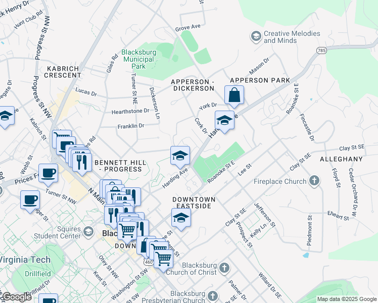 map of restaurants, bars, coffee shops, grocery stores, and more near 311 Apartment Heights Drive in Blacksburg