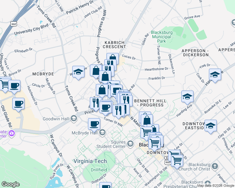 map of restaurants, bars, coffee shops, grocery stores, and more near 706 Progress Street Northeast in Blacksburg