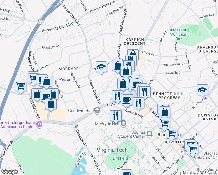 map of restaurants, bars, coffee shops, grocery stores, and more near 300 Edge Way in Blacksburg