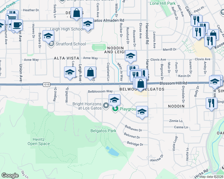 map of restaurants, bars, coffee shops, grocery stores, and more near 14400 Blossom Hill Road in Los Gatos