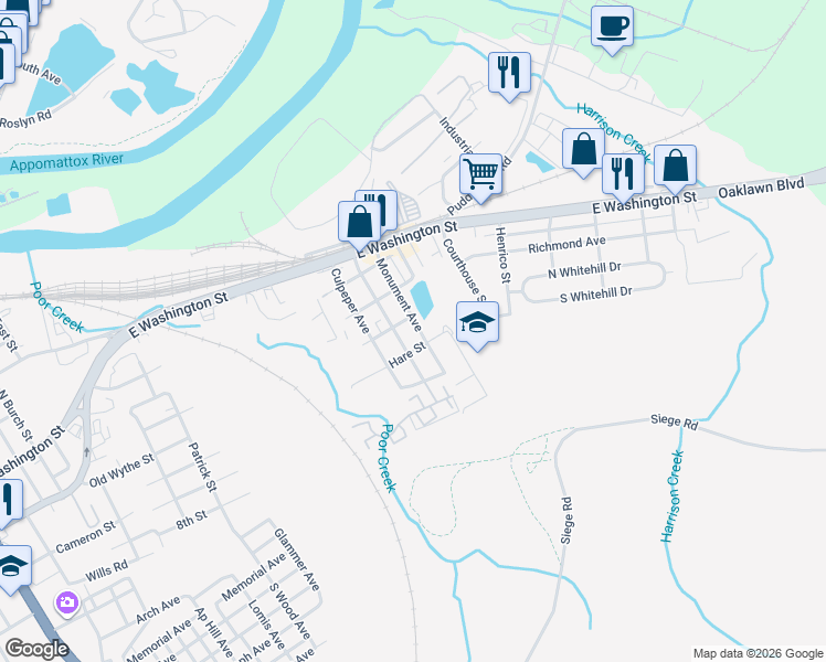 map of restaurants, bars, coffee shops, grocery stores, and more near 96 Monument Avenue in Petersburg
