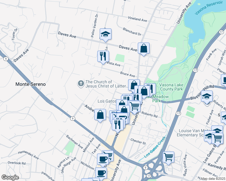 map of restaurants, bars, coffee shops, grocery stores, and more near 644 San Benito Avenue in Los Gatos
