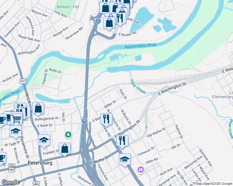 map of restaurants, bars, coffee shops, grocery stores, and more near 319 Irving Street in Petersburg