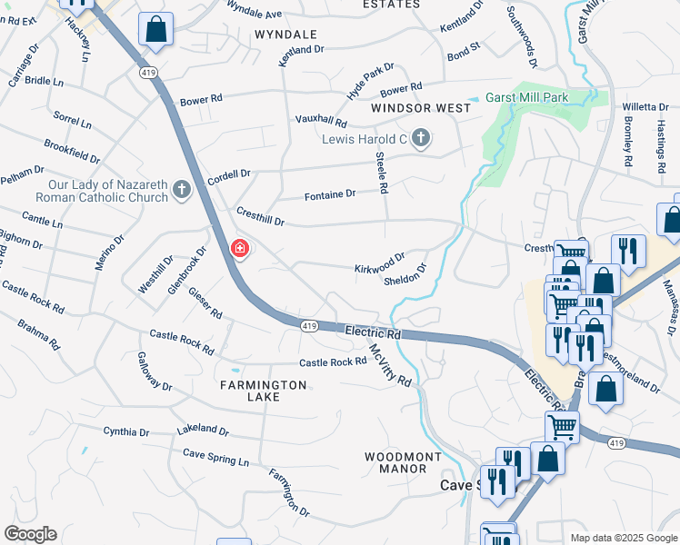 map of restaurants, bars, coffee shops, grocery stores, and more near 4474 Kirkwood Drive in Cave Spring