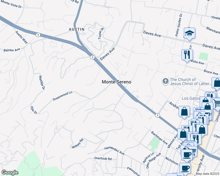 map of restaurants, bars, coffee shops, grocery stores, and more near 16000 Greenwood Road in Monte Sereno