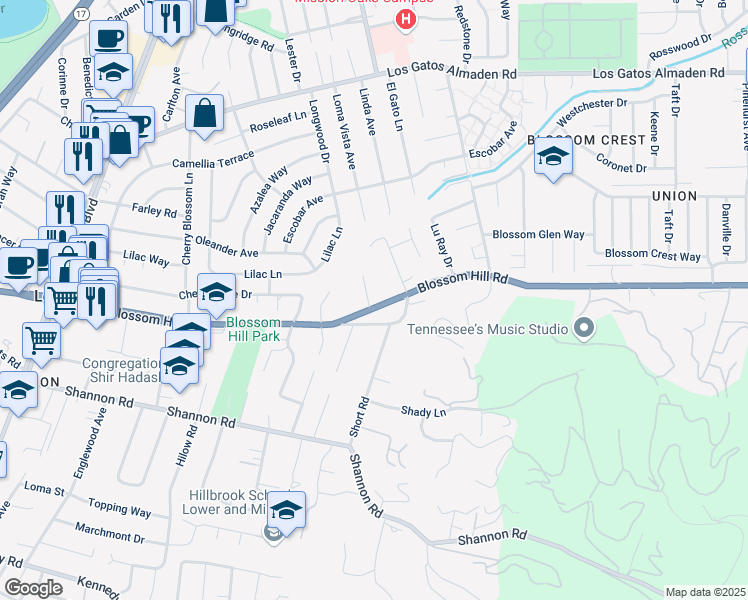 map of restaurants, bars, coffee shops, grocery stores, and more near 16010 Stephenie Lane in Los Gatos