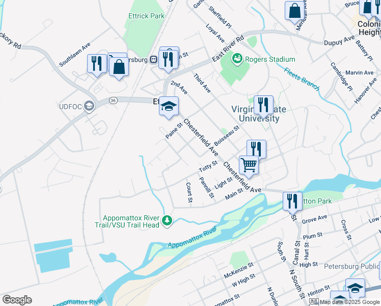 map of restaurants, bars, coffee shops, grocery stores, and more near 21206 Orange Hill Avenue in Ettrick