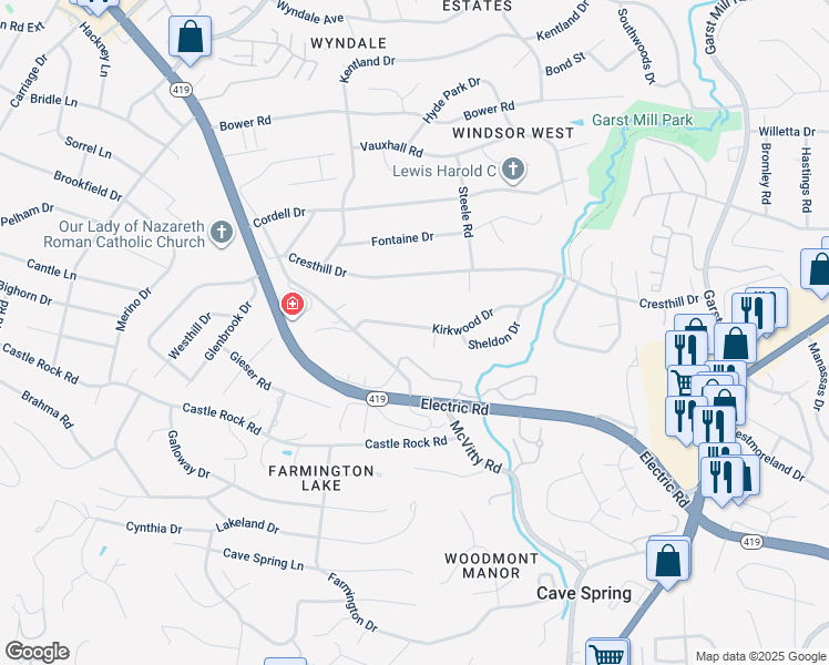 map of restaurants, bars, coffee shops, grocery stores, and more near 4474 Kirkwood Drive in Cave Spring