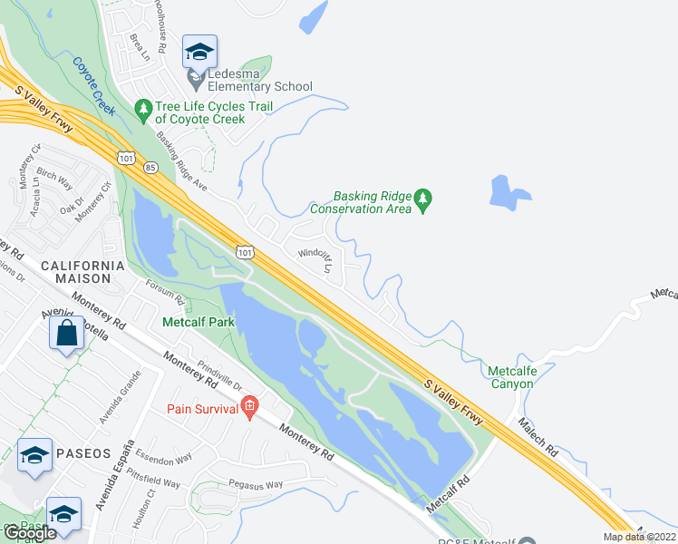 map of restaurants, bars, coffee shops, grocery stores, and more near 7237 Longhill Way in San Jose