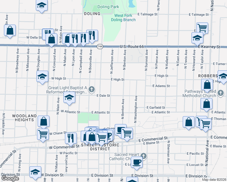 map of restaurants, bars, coffee shops, grocery stores, and more near 2127 North Benton Avenue in Springfield