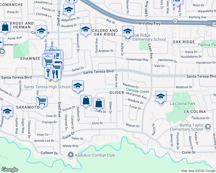 map of restaurants, bars, coffee shops, grocery stores, and more near 6125 Banner Drive in San Jose