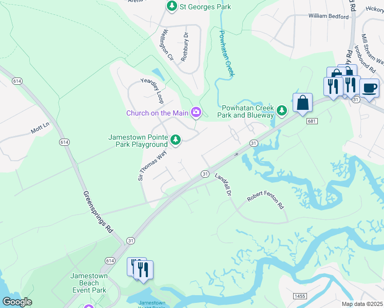 map of restaurants, bars, coffee shops, grocery stores, and more near 4620 Prince Trevor Drive in Williamsburg