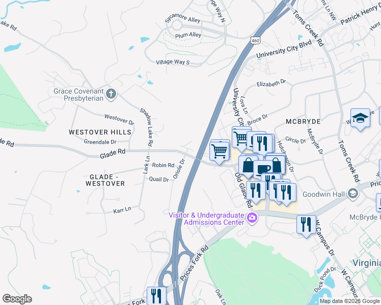 map of restaurants, bars, coffee shops, grocery stores, and more near 900 Glade Road in Blacksburg