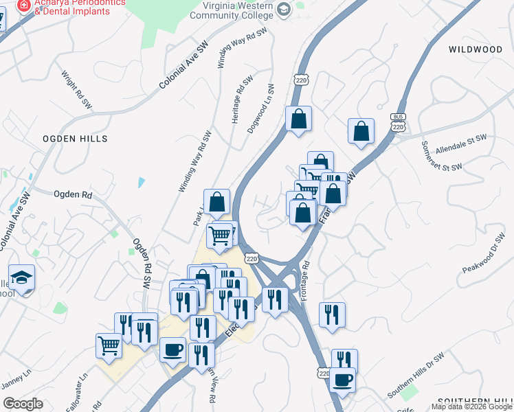 map of restaurants, bars, coffee shops, grocery stores, and more near 3787 Parliament Road Southwest in Roanoke