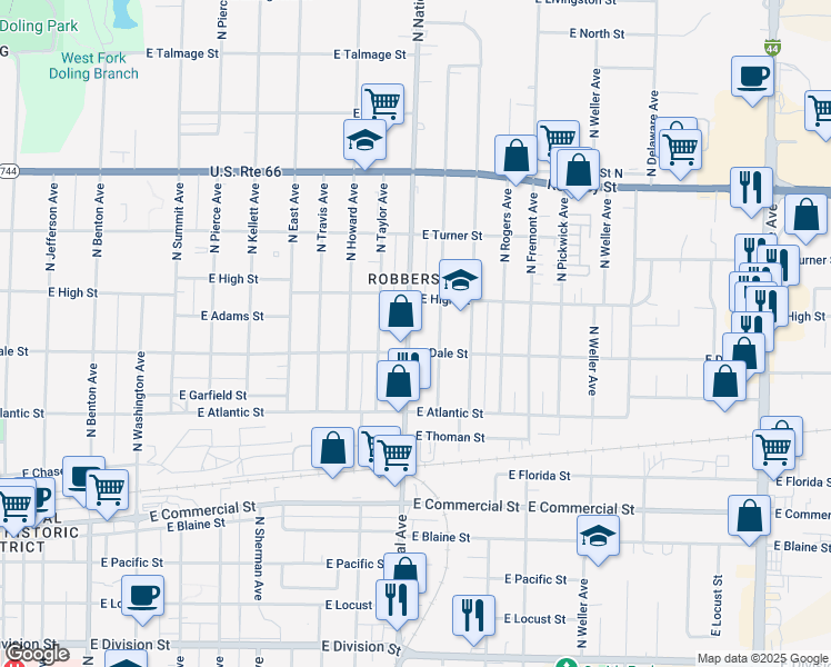 map of restaurants, bars, coffee shops, grocery stores, and more near 2116 North National Avenue in Springfield