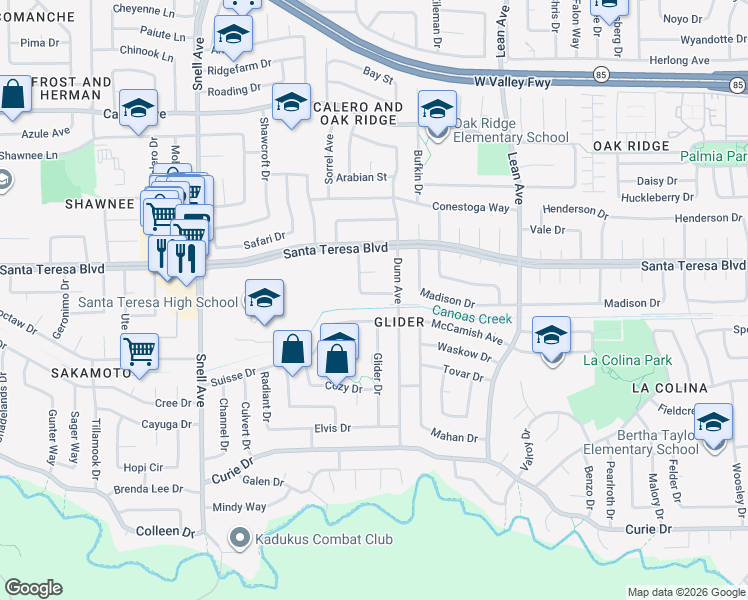 map of restaurants, bars, coffee shops, grocery stores, and more near 6133 Dunn Avenue in San Jose