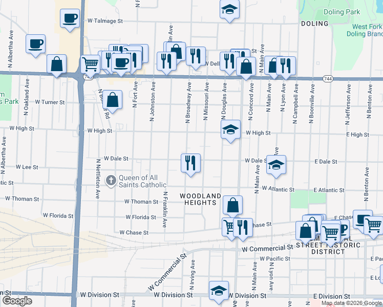 map of restaurants, bars, coffee shops, grocery stores, and more near 2132 North Broadway Avenue in Springfield