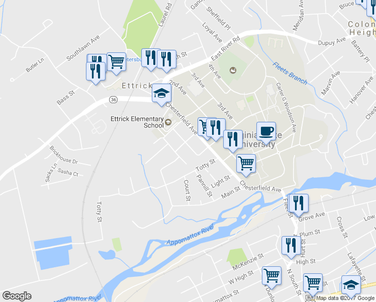 map of restaurants, bars, coffee shops, grocery stores, and more near 21206 Orange Hill Ave in Ettrick