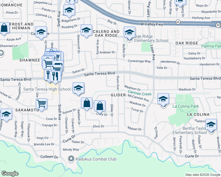 map of restaurants, bars, coffee shops, grocery stores, and more near 6133 Dunn Avenue in San Jose