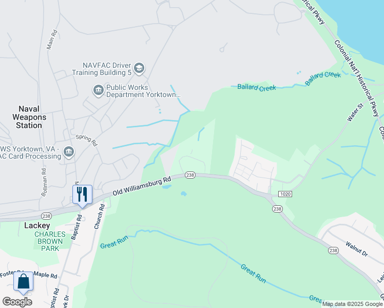 map of restaurants, bars, coffee shops, grocery stores, and more near 2801 Old Williamsburg Road in Yorktown