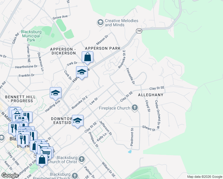 map of restaurants, bars, coffee shops, grocery stores, and more near 200-298 Alleghany St in Blacksburg