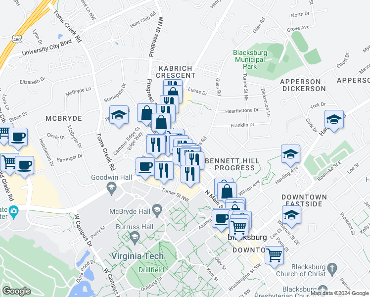 map of restaurants, bars, coffee shops, grocery stores, and more near 706 Progress Street Northeast in Blacksburg