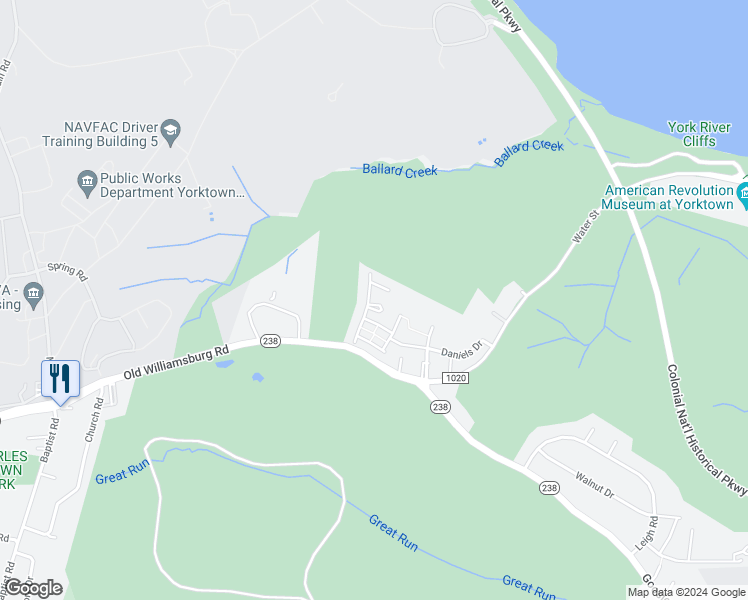 map of restaurants, bars, coffee shops, grocery stores, and more near 105 Hale Circle in Yorktown