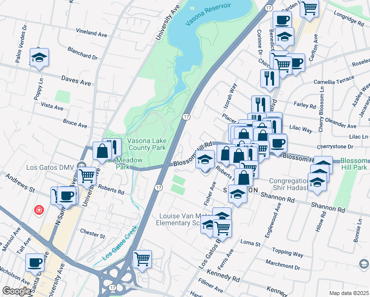 map of restaurants, bars, coffee shops, grocery stores, and more near 400 Blossom Hill Road in Los Gatos
