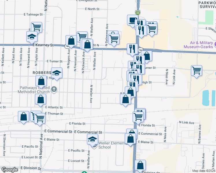 map of restaurants, bars, coffee shops, grocery stores, and more near 2146 North Adams Court in Springfield