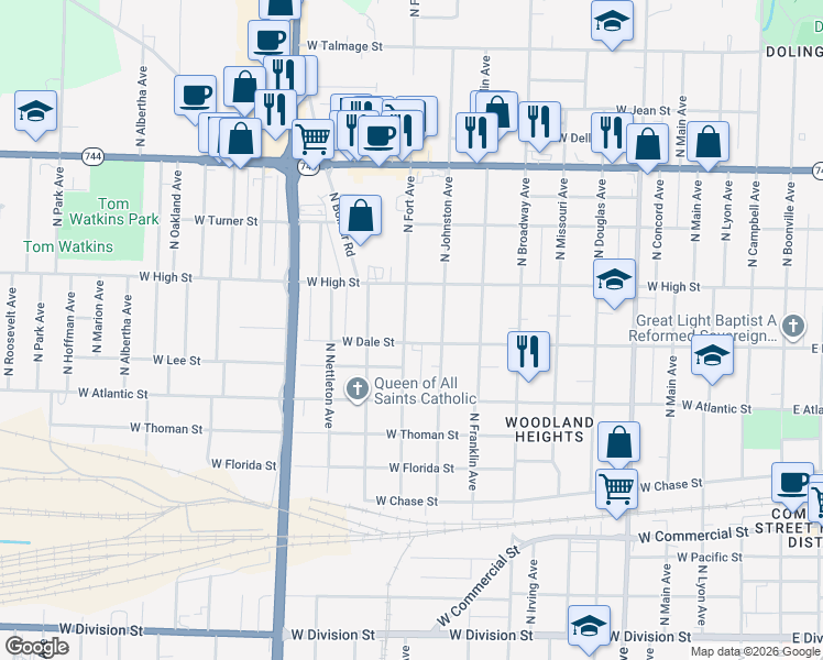 map of restaurants, bars, coffee shops, grocery stores, and more near 2110 North Fort Avenue in Springfield
