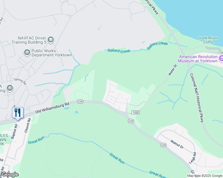 map of restaurants, bars, coffee shops, grocery stores, and more near 105 Hale Circle in Yorktown