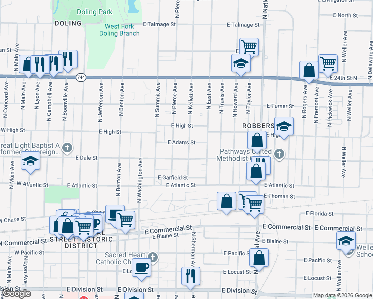 map of restaurants, bars, coffee shops, grocery stores, and more near 2121 North Kellett Avenue in Springfield