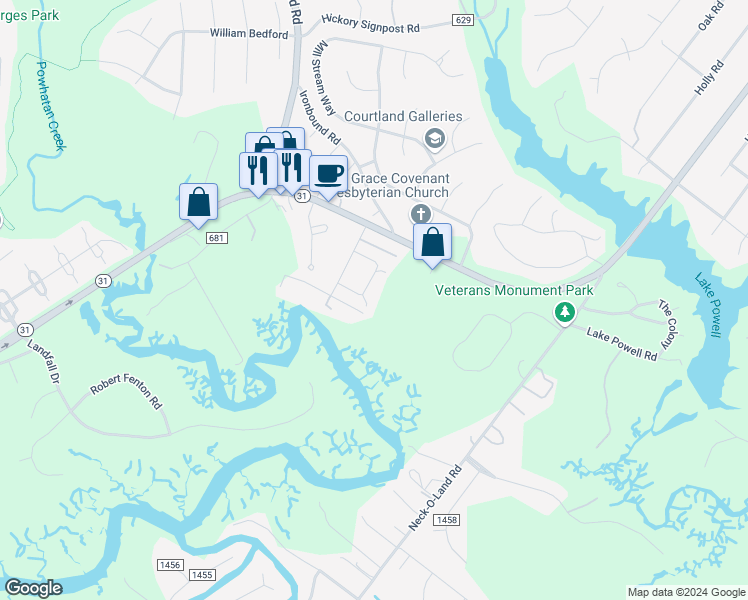 map of restaurants, bars, coffee shops, grocery stores, and more near 143 Albemarle Drive in Williamsburg