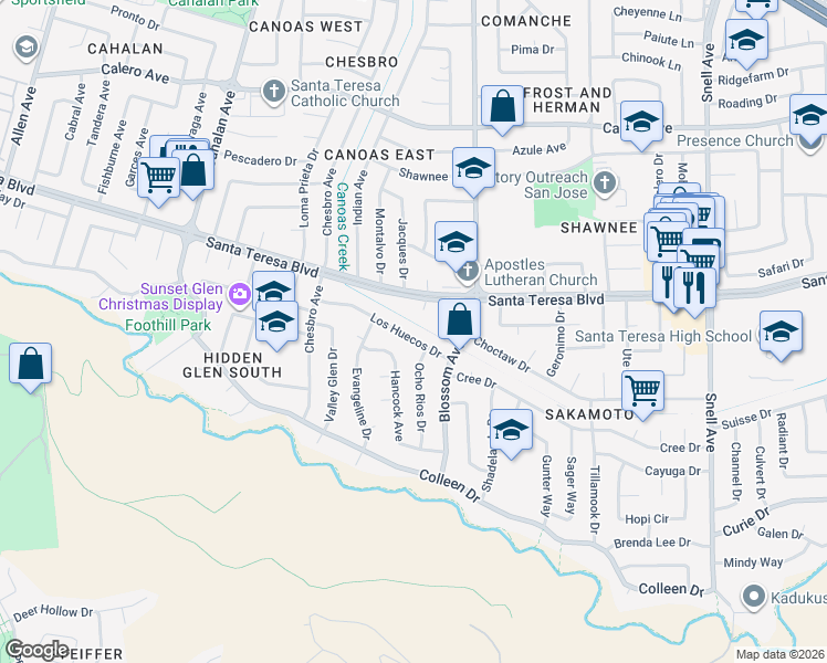 map of restaurants, bars, coffee shops, grocery stores, and more near 705 Los Huecos Drive in San Jose