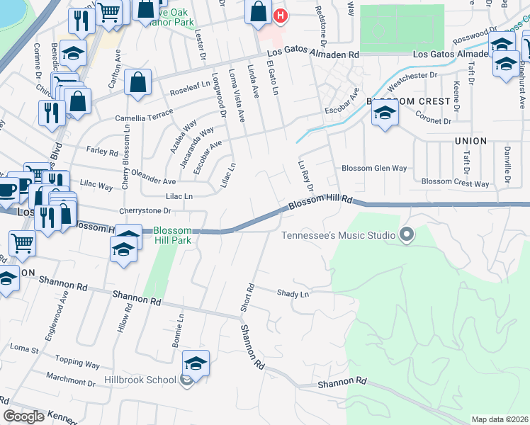 map of restaurants, bars, coffee shops, grocery stores, and more near 15965 Blossom Hill Road in Los Gatos