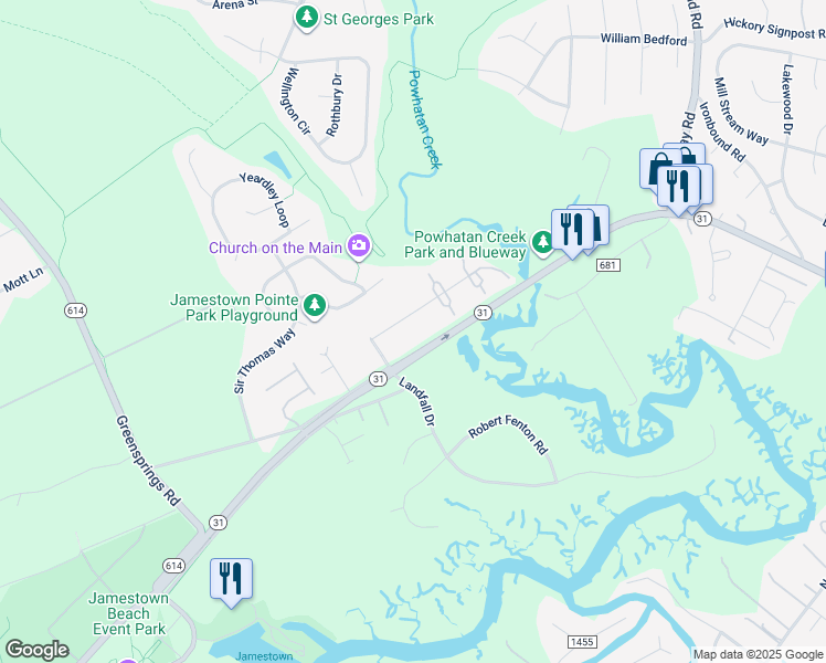 map of restaurants, bars, coffee shops, grocery stores, and more near 1001 London Company Way in Williamsburg