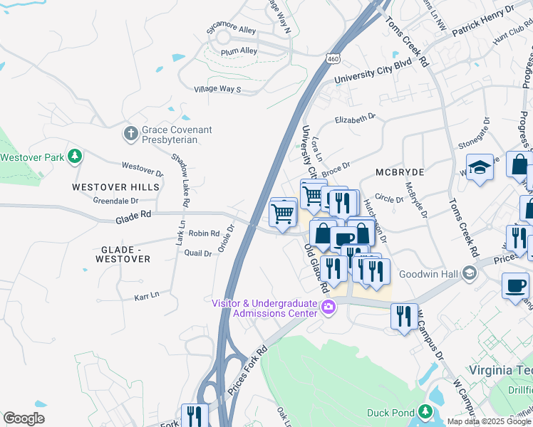 map of restaurants, bars, coffee shops, grocery stores, and more near 862 Newport Terrace in Blacksburg