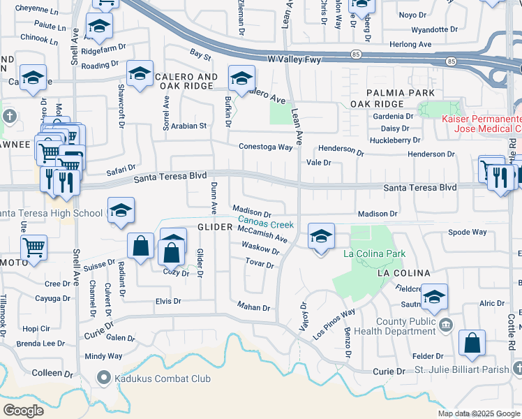 map of restaurants, bars, coffee shops, grocery stores, and more near 441 Madison Drive in San Jose