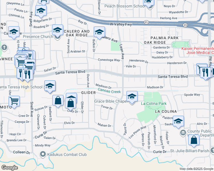 map of restaurants, bars, coffee shops, grocery stores, and more near 441 Madison Drive in San Jose