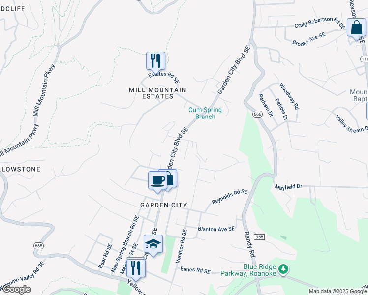 map of restaurants, bars, coffee shops, grocery stores, and more near 3108 Hartman Lane in Roanoke