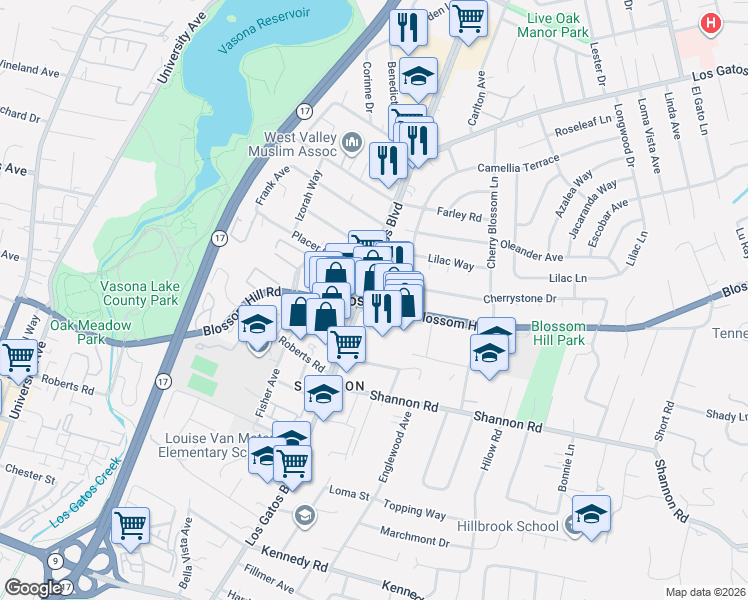 map of restaurants, bars, coffee shops, grocery stores, and more near  in Los Gatos