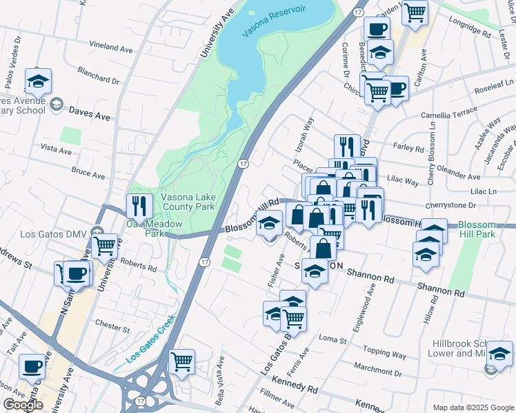 map of restaurants, bars, coffee shops, grocery stores, and more near 517 Blossom Hill Road in Los Gatos